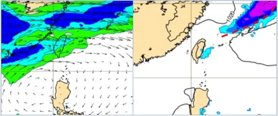 最新(21日20時)歐洲模式(ECMWF)，模擬26日8時700百帕相對濕度及風場圖顯示，有中層水氣通過，雲量稍增。最新(21日20時)歐洲模式(ECMWF)，模擬28日8時地面氣壓及降水圖顯示，鋒面尾端快速掠過北部海面，對台灣已無影響。（圖／翻攝自「氣象應用推廣基金會」官網）