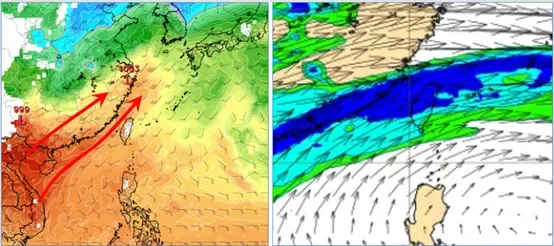 最新(23日20時)歐洲模式(ECMWF)，模擬2日20時850百帕氣溫及風場圖顯示，暖氣團增強，籠罩華南至台灣一帶。最新(23日20時)歐洲模式(ECMWF)，模擬26日8時500百帕相對濕度及風場圖顯示，有中層水氣通過。（圖／翻攝自「氣象應用推廣基金會」網站）