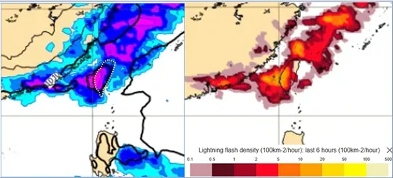 最新(26日20時)歐洲模式(ECMWF)，模擬下週二(4日)2時地面氣壓及前6小時累積降水圖顯示，鋒面通過、伴隨明顯降雨(左圖)。同時閃電密度(前6小時)的模擬圖顯示，有雷雨發生的機率(右圖)。（圖／翻攝自「洩天機教室」）