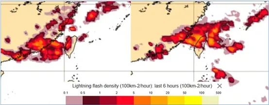 下週二(4日)2時閃電密度(前6小時)的模擬圖顯示，有雷雨發生的機率(左圖)。下週二(4日)20時閃電密度(前6小時)的模擬圖顯示，雷雨發生的機率比清晨還高(右圖)。（圖／翻攝自吳德榮「洩天機教室」專欄）