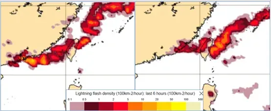 歐洲模式(ECMWF)，模擬週二(4日)8時閃電密度(前6小時)的模擬圖顯示，有雷雨發生的機率(左圖)。模擬週三(5日)2時閃電密度(前6小時)的模擬圖顯示，仍有雷雨發生的機率(右圖)。（圖／翻攝自「洩天機教室」）