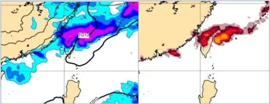 最新(7日20時)歐洲模式(ECMWF)，模擬16日2時地面氣壓及前6小時累積降水圖顯示，鋒面通過、伴隨明顯降雨，同時閃電密度(前6小時)的模擬圖顯示，有雷雨發生的機率。（圖／翻攝自「氣象應用推廣基金會」官網）
