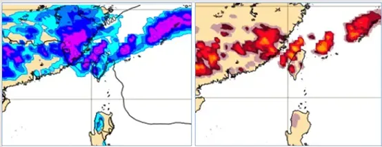 最新(11日20時)歐洲模式(ECMWF),模擬明(13)日20時地面氣壓及前6小時累積降水圖顯示,鋒面接近,局部地區有降雨(左圖)。同時閃電密度(前6小時累加)的模擬圖顯示,有雷雨發生的機率。(圖/翻攝自氣象應用推廣基金會)