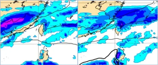 歐洲模式模擬29日20時地面氣壓及降水圖顯示，鋒面南下，北部及東半部降雨（左圖）；30日20時地面氣壓及降水圖顯示，降雨範圍擴大至中部以北、南部山區及東半部。（右圖）。（圖／翻攝自洩天機教室專欄）