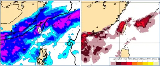 11日8時地面氣壓及降水模擬圖顯示，鋒面籠罩，各地明顯降雨。（左圖）11日8時閃電密度(前6小時累加)模擬圖顯示，台灣附近閃電發生的頻率高。（右圖）（圖／翻攝自「老大洩天機」專欄）