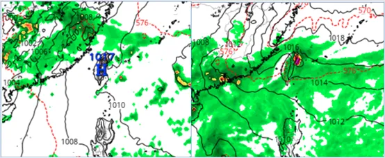 最新(11日20時)歐洲模式(ECMWF)，下週三(21日)20時地面氣壓及降水模擬圖顯示，鋒面仍在北部海面。最新(11日20時)美國模式(GFS)，下週三(21日)20時地面氣壓及降水模擬圖顯示，鋒面觸及陸地。（圖／氣象應用推廣基金會）