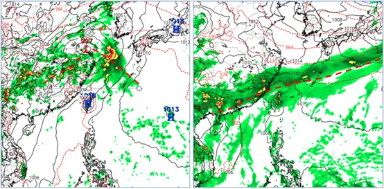 歐洲模式(ECMWF)第10天(22日20時)模擬圖顯示，鋒面位置已略調整、還在東海，離台灣陸地甚遠(左圖)。美國模式同時的模擬圖則顯示，鋒面正逐漸接近，但尚未觸及台灣陸地(右圖)；兩者差異很大。(圖/擷自tropical tidbits)
