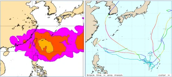 最新(25日20時)歐洲系集模式(ECMWF)第10天(5日)的模擬圖顯示,台灣東方海面「輕颱」機率最高為30%。最新(25日20時)美國系集模式(GEFS),亦呈現非常分歧如「天女散花」的模擬路徑。(圖/翻攝自「氣象應用推廣基金會」)