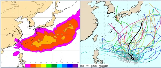 最新(27日20時)歐洲系集模式(ECMWF)，下下週一(7日)模擬圖顯示，從日本東南方海面向西延伸至台灣附近，都有偏低的「輕颱」機率存在，最高則分布在琉球東方至日本東南方海面，但也僅達30%。最新(27日20時)美國系集模式(GEFS)，呈現分歧如「天女散花」狀的模擬路徑。（圖／翻攝自「氣象應用推廣基金會」）
