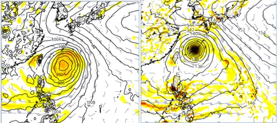 最新(9日20時)歐洲模式(ECMWF左圖)及美國(GFS右圖)模式，第10天(19日20時)模擬圖顯示，台灣東方海面有擾動生成，是否帶來威脅？需再觀察。（圖／翻攝自「氣象應用推廣基金會」）