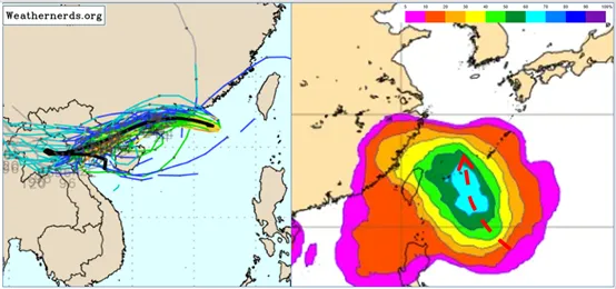 右圖為歐洲系集模式(ECMWF)，下週五(25日)20時侵襲機率圖顯示，以從台灣東側北轉的機率最高(70%)，北台灣被侵襲的機率則維持約在40%。（圖／擷自weathernerds）