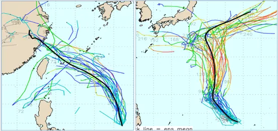 最新(21日20時)歐洲模式(ECMWF)系集路徑模擬圖顯示，「熱帶系統」通過台灣東側海面、進入北部海面，僅發展為「熱帶低壓」或勉強為較弱的「輕颱」。最新(21日20時)美國模式(GEFS)系集路徑模擬圖顯示，另一「熱帶系統」在關島北方海面，其強度發展得較強，系集模擬路徑主要偏北而行，離台灣太遠了，無需操心，不會有影響。（圖／翻攝自氣象應用推廣基金會）