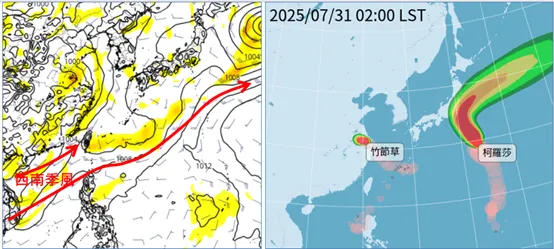 左圖為季風低壓環流南側的「西南季風」進入台灣附近，大氣不穩定。(圖／擷自tropical tidbits)