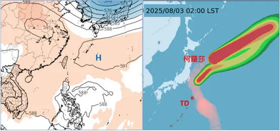 氣象署颱風暴風圈侵襲機率圖顯示，熱帶低壓在日本南方海面，預估今將發展為輕颱白鹿。（圖／翻攝自「洩天機教室」專欄）