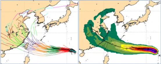最新(8日20時)歐洲模式(ECMWF)系集模擬路徑的平均，下週三、四通過台灣北部海面，個別模擬路徑則在兩側、相當分散。最新(8日20時)歐洲模式(ECMWF)系集模擬「暴風圈侵襲機率圖」則顯示，「楊柳」暴風圈侵襲機率稍降至20%至30%。（圖／翻攝自氣象應用推廣基金會）