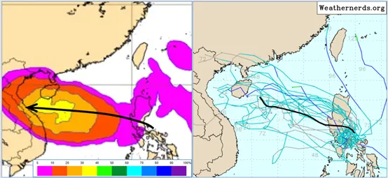 最新(26日20時)歐洲系集模式(ECMWF)模擬顯示，今(27)日「熱帶擾動」進入南海，明日、週五(28、29日)緩慢發展，成颱機率約40% (左圖)。最新(26日20時)美國系集模式(GEFS)模擬顯示，系集平均(粗黑)路徑偏西北西進行，個別模擬路徑則相當分散、且強度偏弱(右圖)。（圖／翻攝自氣象推廣基金會）
