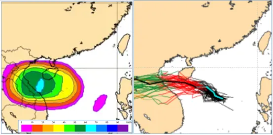 最新(28日20時)歐洲系集模式(ECMWF)模擬顯示,「熱帶低壓」在南海緩慢發展,週六(30日)前成颱機率再略調升至60% (左圖)。最新歐洲系集模式(ECMWF)模擬顯示,路徑向西北西轉偏西,雖類似「劍魚」,但強度弱很多(右圖)。(圖/翻攝自)