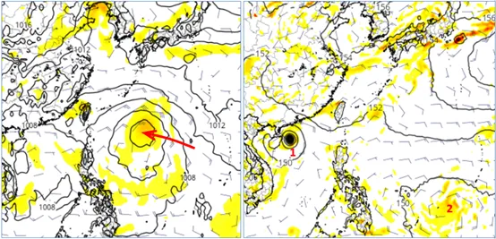 最新(12日20時)歐洲(ECMWF)模式22日20時模擬顯示，「熱帶擾動」向台灣方向逼近，發展亦較明顯(左圖)；最新美國模式的模擬則與歐洲模式完全不同(右圖)。（圖／翻攝自氣象應用推廣基金會）