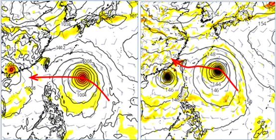 最新(15日20時)歐洲(ECMWF)模式，21日20時模擬圖的位置在台灣東方海面，朝巴士海峽前進(左圖)；最新(15日20時)美國(GFS)模式，21日20時模擬圖的位置亦在台灣東方海面，但朝台灣前進(右圖)；兩者有顯著差異。（圖／翻攝自氣象應用推廣基金會）