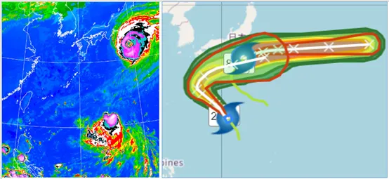 今(9日)晨2時紅外線雲(左)圖顯示，日本南方海面有「強颱哈隆」，琉球東南方海面則有另一「輕颱娜克莉」。最新(9日2時)「路徑潛勢預測圖」及「暴風圈侵襲機率圖」顯示，「強颱哈隆」在日本南方海面轉向東北東前進，侵襲日本本土的機率低；「輕颱娜克莉」向西北進行，未來前進至琉球東方海面，亦有大迴轉的路徑，似乎也會閃過日本本土(右圖)。（圖／翻攝自氣象應用推廣基金會）