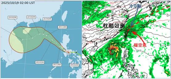 明(20)日8時風神已進入南海，台灣仍受「秋颱效應」(風神外圍環流與東北季風共伴效應)形成的雨帶影響。（圖／翻攝自氣象應用推廣基金會）
