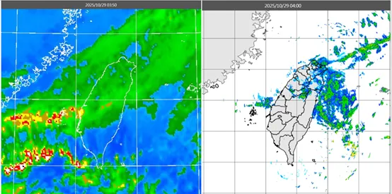 今(29)日4:00紅外線色調強化雲圖顯示,中層雲系減弱,結構鬆散。3:50雷達回波合成圖顯示,中層雲系僅伴隨零星回波。(圖/翻攝自氣象應用推廣基金會)
