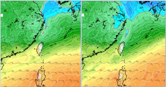 最新(15日20時)歐洲模式(ECMWF)模擬週三(19日)20時850百帕溫度圖(左圖)，與前三天(12日20時)模式對週三清晨2時的模擬圖(右圖)對比顯示，南下台灣的冷空氣調慢又調弱。（圖／翻攝自氣象應用推廣基金會）