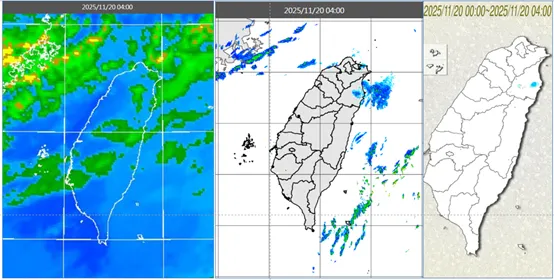 今(20日)晨4時紅外線雲圖顯示,台灣上空雲層鬆散(左圖);降水回波不明顯(中圖);北東北部局部零星飄雨(右圖)。(圖/翻攝自氣象應用推廣基金會)
