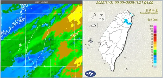 今天清晨4時紅外線雲圖顯示，台灣上空有鬆散的中層雲，迎風面的低層雲(左圖)、帶來北海岸、東北部局部降雨(右圖)。(圖/翻攝「洩天機教室」專欄)