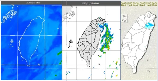 今(22日)晨4時紅外線雲圖顯示，迎風面有較多低雲(左圖)，伴隨弱降水回波(中圖)，東北部局部降雨(右圖)。（圖／翻攝自氣象應用推廣基金會）