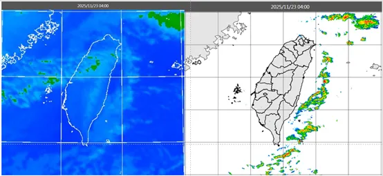 今(23日)晨4時紅外線雲圖顯示，台灣上空有零散雲層(左圖)，東側海上有降水回波(右圖)。（圖／翻攝自氣象應用推廣基金會）