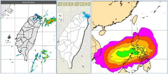 今(2日)晨4：30雷達回波合成圖顯示，迎風面降水回波增多(左圖)。北海岸、北部山區及東北部有局部降雨(中圖)。最新(1日20時)歐洲系集模式(ECMWF)9日20時模擬圖顯示，熱帶擾動有發展成颱的機率，下週將循「天琴」的動向，通過菲律賓中部、進入南海，一路西進(右圖)。（圖／翻攝自氣象應用推廣基金會）