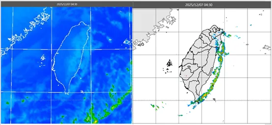 吳德榮表示，今晨4時30分，紅外線雲圖顯示，台灣東側海上、有平行海岸線的條狀低層雲(左圖)。(圖/翻攝自「洩天機教室」專欄)