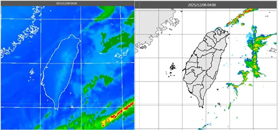 今(8日)晨4時紅外線雲圖顯示，雲層仍在北部、東半部海上(左圖)。4時雷達回波合成圖顯示，降水回波亦在北部、東半部海上(右圖)。(圖／翻攝自「洩天機教室」專欄)