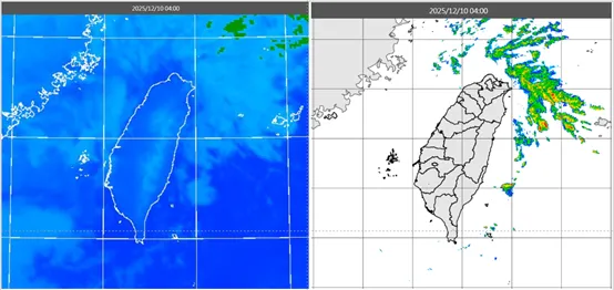 今(10日)晨4時紅外線雲圖顯示，北部、東半部低層雲已退至海上(左圖)。4時雷達回波合成圖顯示，降水回波亦退至北部及東半部海上(右圖)。（圖／翻攝自氣象應用推廣基金會）
