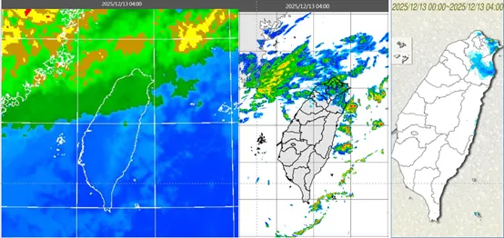 今（13日）晨4時紅外線雲圖顯示，華南有中高雲移岀、迎風面低層雲堆積（左圖）。（圖／翻攝自「洩天機教室」專欄）