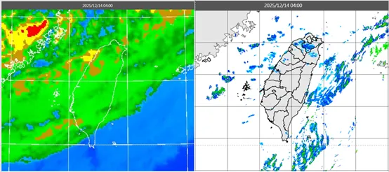 今(14日)晨4時紅外線雲圖顯示，台灣上空的雲層南移消散中(左圖)。4時雷達回波合成圖顯示，雲層所伴隨的降水回波亦逐漸南移消散(右圖)。（圖／翻攝自氣象應用推廣基金會）