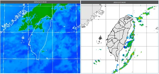 今(23日)晨4:30紅外線雲圖顯示,台灣附近有鬆散低雲(左圖)。4:30雷達回波合成圖顯示,東半部外海有降水回波(右圖)。(圖/翻攝自「洩天機教室」專欄)