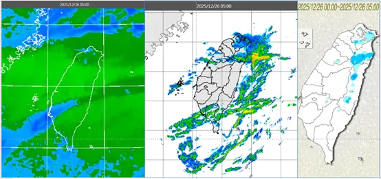 今(26日)晨5時紅外線雲圖顯示,各地雲量多(左圖)。5時雷達回波合成圖顯示,雲層伴隨零星回波、迎風面較持續(中圖)。5時累積雨量圖顯示,北、東局部雨、山區零星雨(右圖)。(圖/翻攝自「氣象應用推廣基金會」)