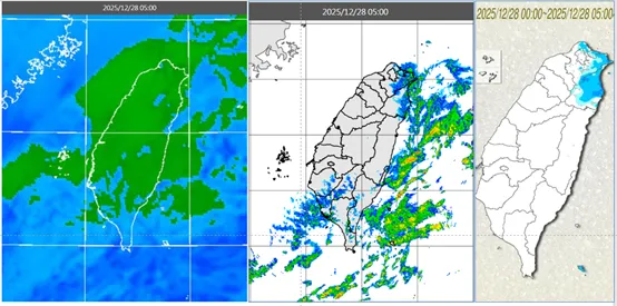 今(28日)晨5時紅外線雲圖顯示,各地雲量仍多(左圖)。5時雷達回波合成圖顯示,迎風面回波消長(中圖)。5時累積雨量圖顯示,大台北東側、宜蘭明顯降雨(右圖)。(圖/翻攝自氣象應用推廣基金會)
