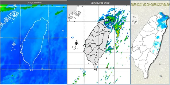 今(31日)晨4:30紅外線雲圖顯示,北部、東北部低雲籠罩(左圖)。4:30雷達回波合成圖顯示,雲層伴隨降水回波(中圖)。4:30累積雨量顯示,北部、東北部局部降雨,花蓮有零星降雨(右圖)。(圖/翻攝自氣象應用推廣基金會)