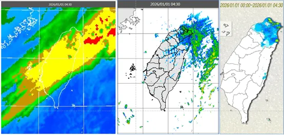 今(1日)晨4:30紅外線雲圖顯示,除南端外、各地雲量多(左圖)。4:30雷達回波合成圖顯示,降水回波仍以迎風面較多(中圖)。4:30累積雨量顯示,桃園以北明顯降雨,花蓮、新竹零星(右圖)。(圖/翻攝自氣象應用推廣基金會)
