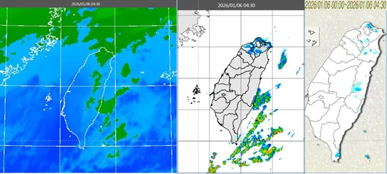 今(6日)晨4：30紅外線雲圖顯示，迎風面雲層雖多，但結構鬆散(左圖)。4：30降水回波合成圖顯示，北部陸地及東半部海上有降水回波(中圖)。4：30累積雨量圖顯示，北部及東半部零星降雨(右圖)。（圖／翻攝自氣象應用推廣基金會）
