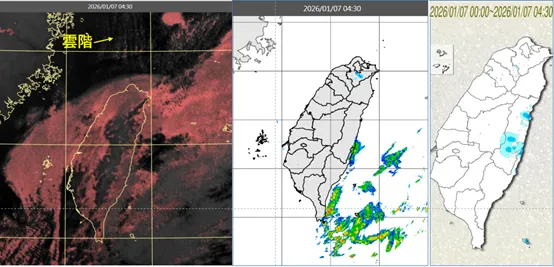 今(7日)晨4:30真實色雲圖顯示,迎風面雲層雖多,但結構稀疏、消散中;北部海面已有「雲階」(左圖)。4:30降水回波合成圖顯示,東南部海上有降水回波(中圖)。4:30累積雨量圖顯示,北部山區及花東有零星少量飄雨(右圖)。(圖/翻攝自氣象應用推廣基金會)