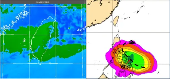 今(12日)晨4:20紅外線雲圖顯示,結構鬆散的中層雲北移(左圖)。最新(11日20時)歐洲模式(ECMWF)模擬顯示,下半週菲律賓東方海面有熱帶擾動發展、成颱的機率約60%(右圖),模擬路徑大致在菲律賓東方海面迴轉,之後還有打轉的現象。(圖/翻攝自氣象應用推廣基金會)