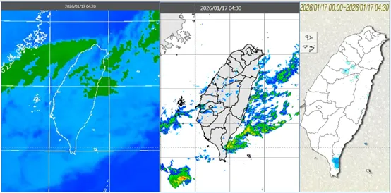 今(17日)晨4：20紅外線色調強化雲圖顯示，台灣上空有鬆散的中低雲(左圖)。4：30雷達回波合成圖顯示，雲層伴隨零星回波(中圖)。4：30累積雨量圖顯示，山區及東半部局部少量飄雨(右圖)。（圖／翻攝自「洩天機教室」）