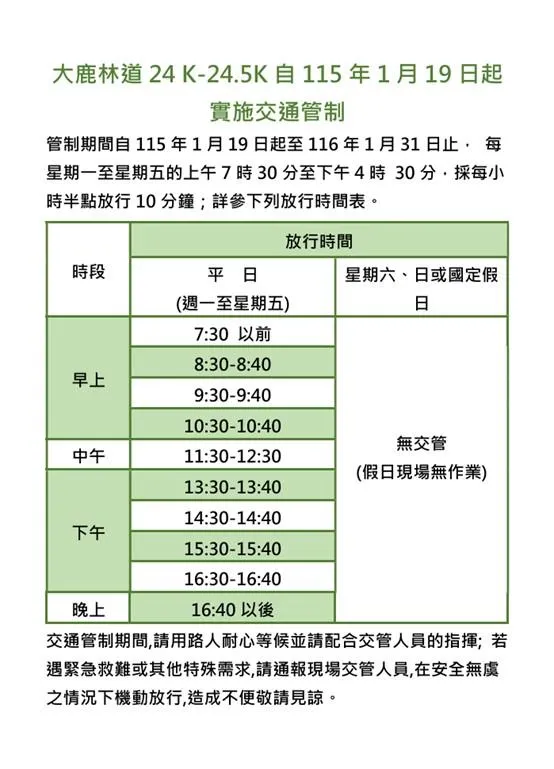 交通管制放行時間表。(圖/新竹分署提供)