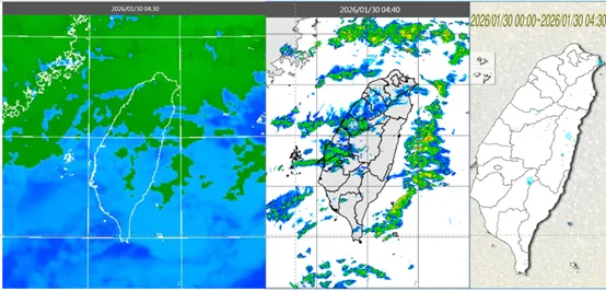 今(30日)晨4：30紅外線色調強化雲圖顯示，台灣上空有鬆散中層雲(左圖)。4：40雷達回波合成圖顯示，伴隨弱降水回波(中圖)。4：30累積雨量顯示，山區及東半部零星飄雨(右圖)。（圖／翻攝自氣象應用推廣基金會）