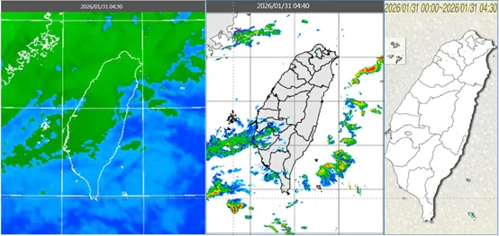 今(31)日清晨4:30紅外線色調強化雲圖顯示,台灣上空雲層多(左圖)。4:40雷達回波合成圖顯示,伴隨鬆散降水回波(中圖)。4:30累積雨量顯示,北部已有零星飄雨(右圖)。(圖/翻攝自「洩天機教室」)