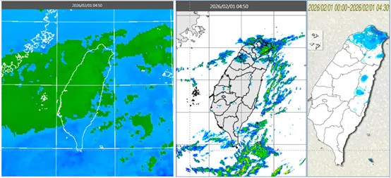 今(1日)晨4：50紅外線色調強化雲圖顯示，中部以北雲層多(左圖)。4：50雷達回波合成圖顯示，北部及東側海面有降水回波(中圖)。4：30累積雨量顯示，迎風面明顯降雨(右圖)。（圖／翻攝自氣象應用推廣基金會）